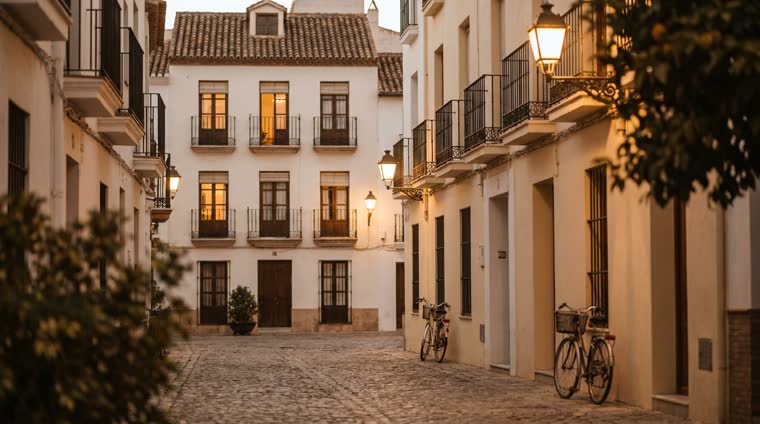 Calle residencial de un pueblo costero español al anochecer con balcones y algunas ventanas iluminadas