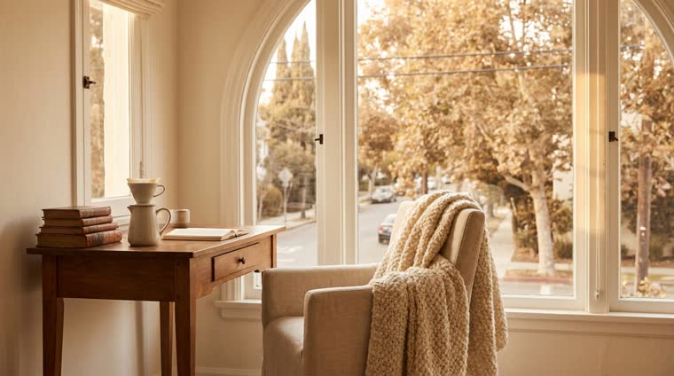 Apartamento amueblado para una estancia de temporada con escritorio junto a la ventana y una manta sobre el sillón