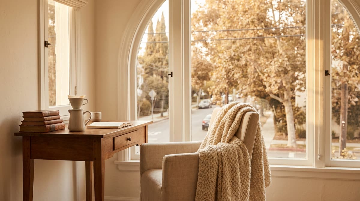 Apartamento amueblado para una estancia de temporada con escritorio junto a la ventana y una manta sobre el sillón