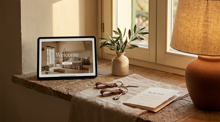 Tableta mostrando la web de un alojamiento junto a unas llaves en el recibidor de un apartamento turístico
