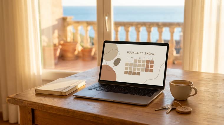 Portátil con un calendario de reservas sobre una mesa de madera en un apartamento con vistas al mar