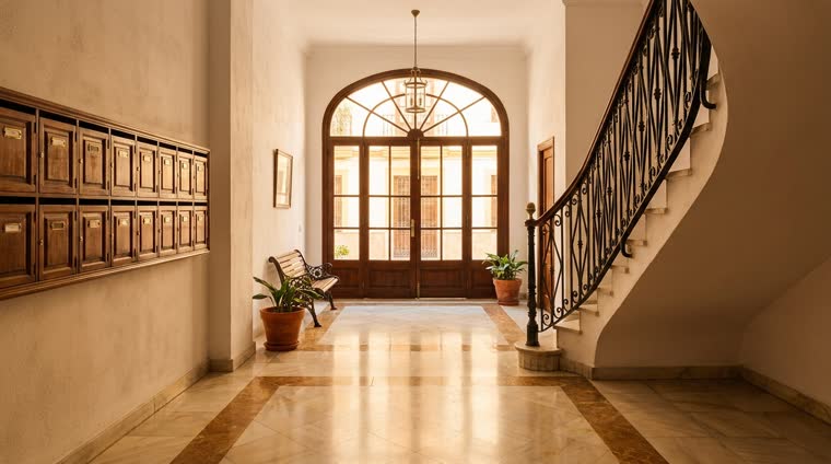 Portal de un edificio de viviendas español con buzones de madera y escalera con barandilla de forja