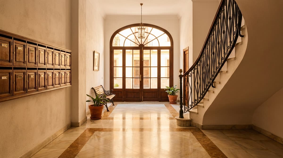 Portal de un edificio de viviendas español con buzones de madera y escalera con barandilla de forja
