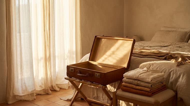 Dormitorio de apartamento turístico con una maleta abierta y vacía sobre el maletero y ropa doblada al lado