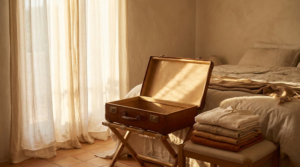 Dormitorio de apartamento turístico con una maleta abierta y vacía sobre el maletero y ropa doblada al lado