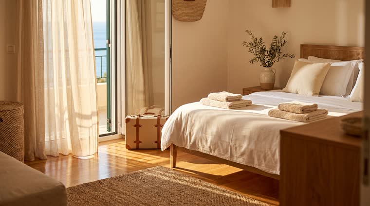 Dormitorio luminoso de un apartamento costero preparado para la siguiente entrada, con una maleta pequeña junto a la puerta