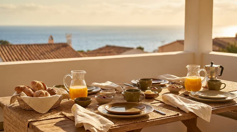 Desayuno servido en la terraza de un apartamento turístico premium con vistas al mar