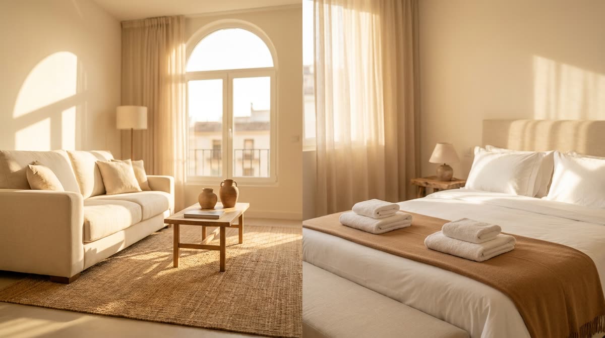 Salón de apartamento y cama hecha con toallas dobladas en un mismo espacio iluminado