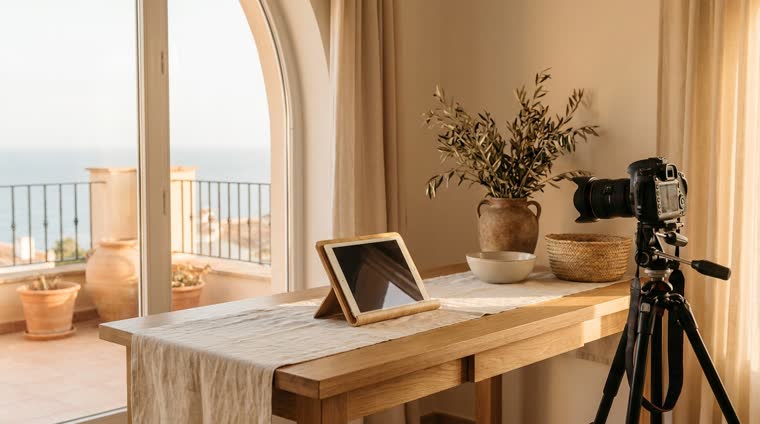Cámara sobre trípode fotografiando un rincón decorado de un apartamento turístico junto a una tableta