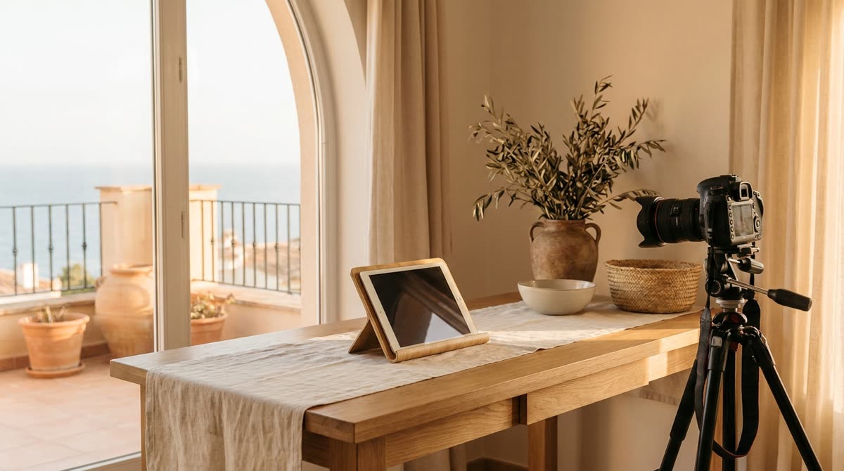 Cámara sobre trípode fotografiando un rincón decorado de un apartamento turístico junto a una tableta