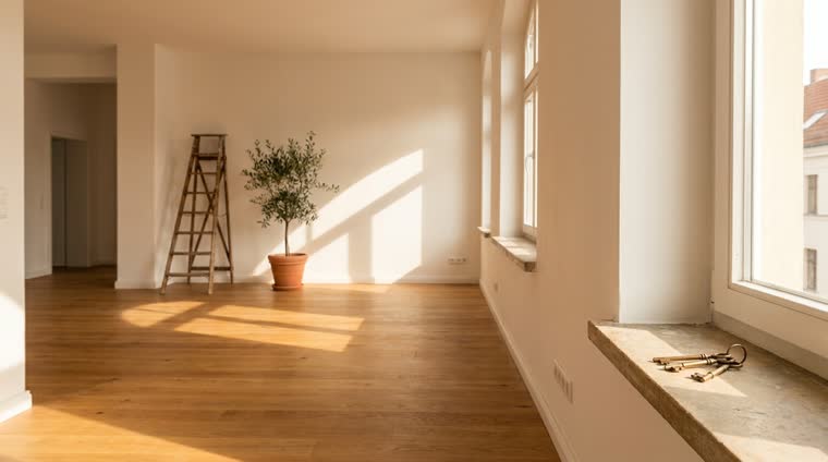 Piso vacío recién comprado con suelo de madera, paredes blancas y las llaves sobre el alféizar