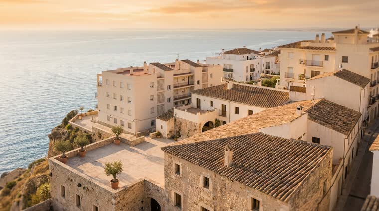 Vista aérea de un pueblo costero mediterráneo con edificios bajos y terrazas al atardecer