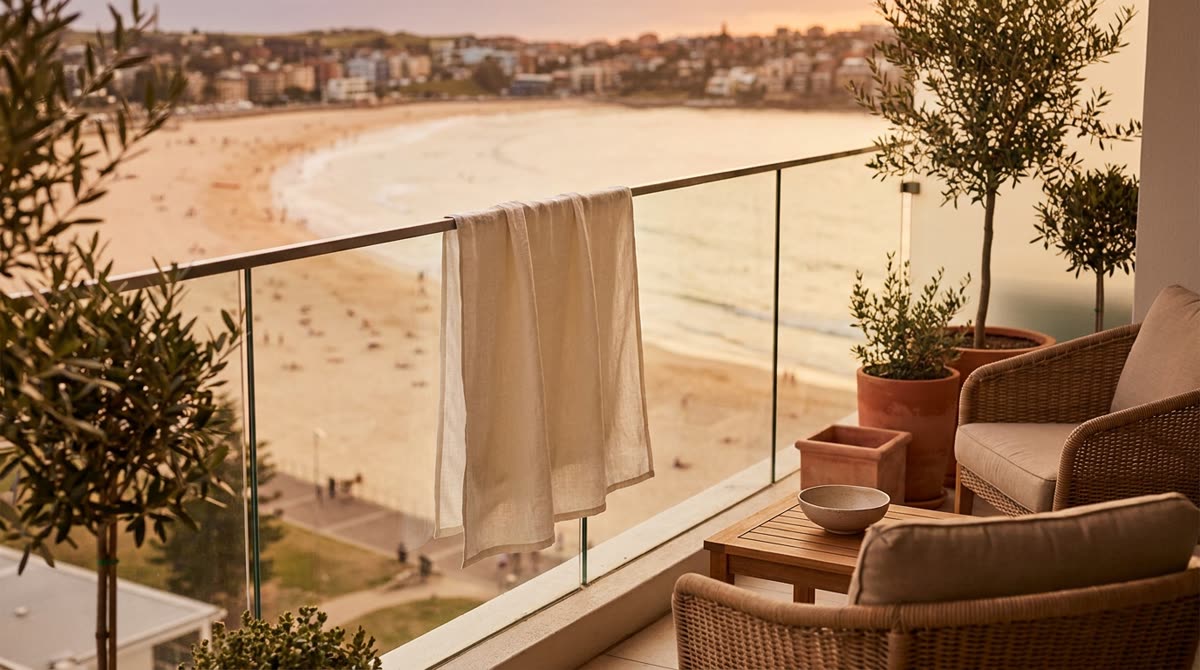 Balcón de un apartamento en altura con vistas a una playa concurrida al atardecer