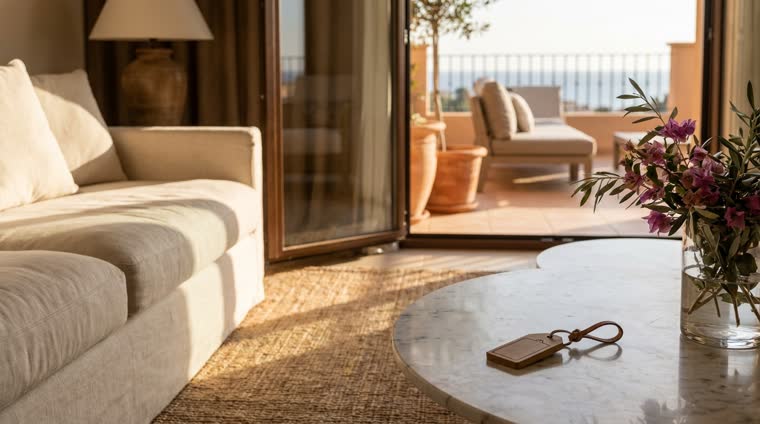 Salón soleado de un apartamento turístico con un llavero de madera sobre la mesa de centro