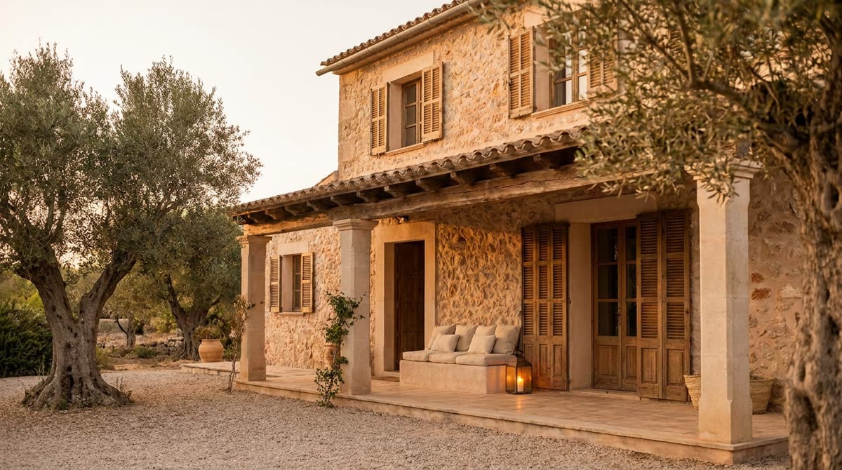 Casa rural de piedra restaurada en el campo español con contraventanas de madera y olivos al atardecer