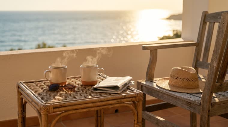Terraza soleada de un apartamento costero con dos tazas de té, sombrero de paja y gafas de sol