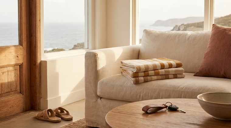Salón de un apartamento de costa con sandalias junto a la puerta y toallas de playa dobladas en el sofá