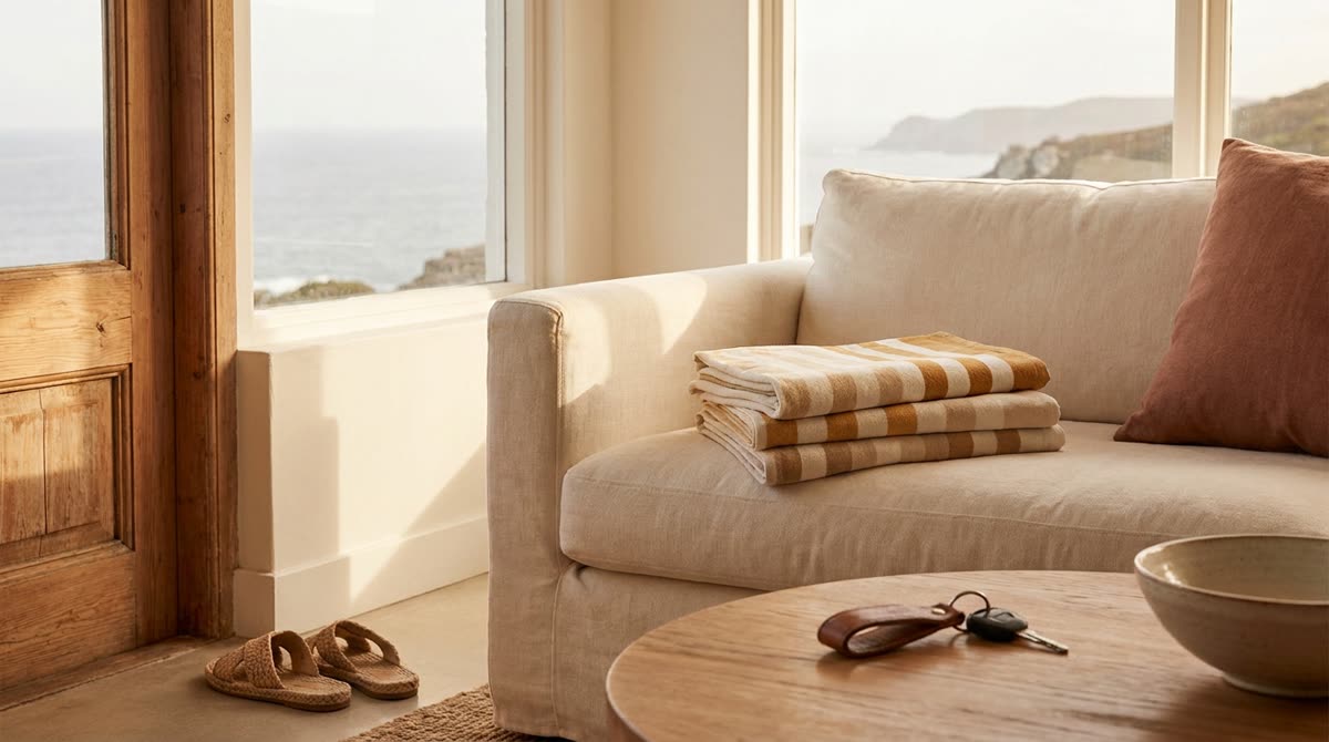 Salón de un apartamento de costa con sandalias junto a la puerta y toallas de playa dobladas en el sofá
