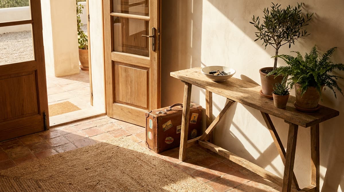 Recibidor de un apartamento con una maleta recién llegada y la luz entrando por la puerta abierta