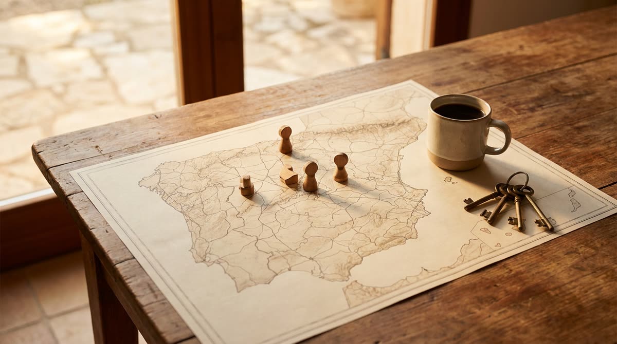 Mapa de España extendido sobre una mesa de madera con marcadores, una taza de café y unas llaves